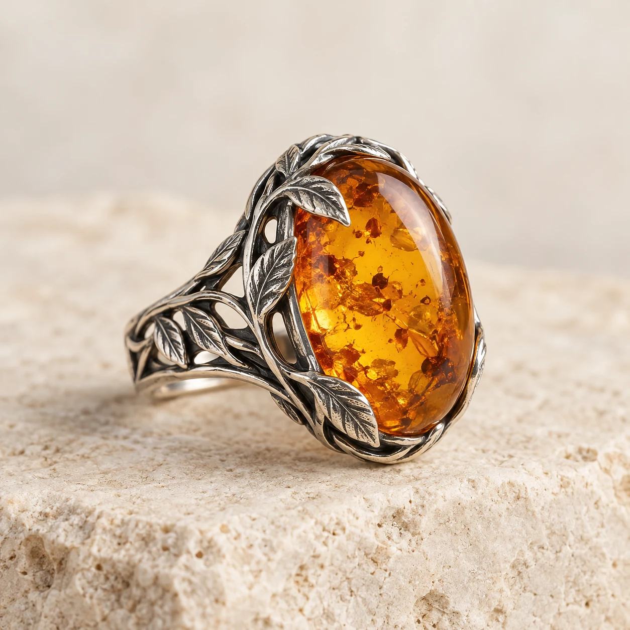 Amber Canopy: deep-honey oval amber ring with a canopy of leaves
