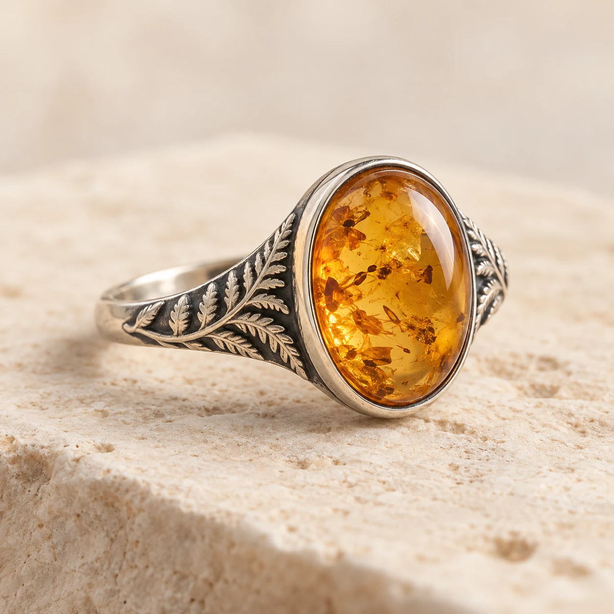 Fernlight Oval: golden-honey oval amber ring with fern fronds