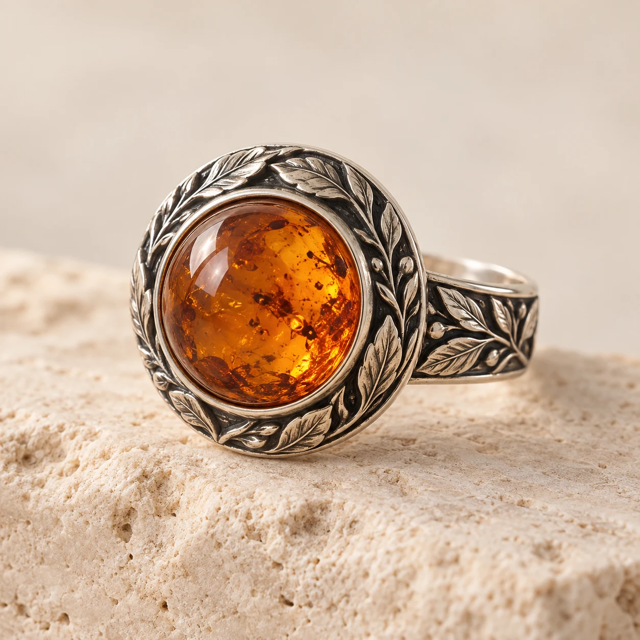 Golden Herbarium: cognac round amber ring with herb leaves