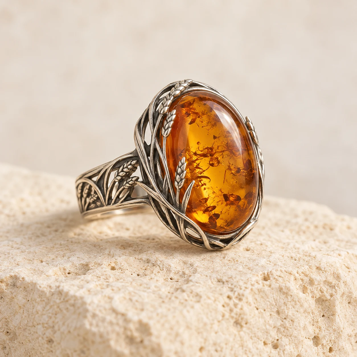 Prairie Crown: deep-honey oval amber ring with prairie grasses