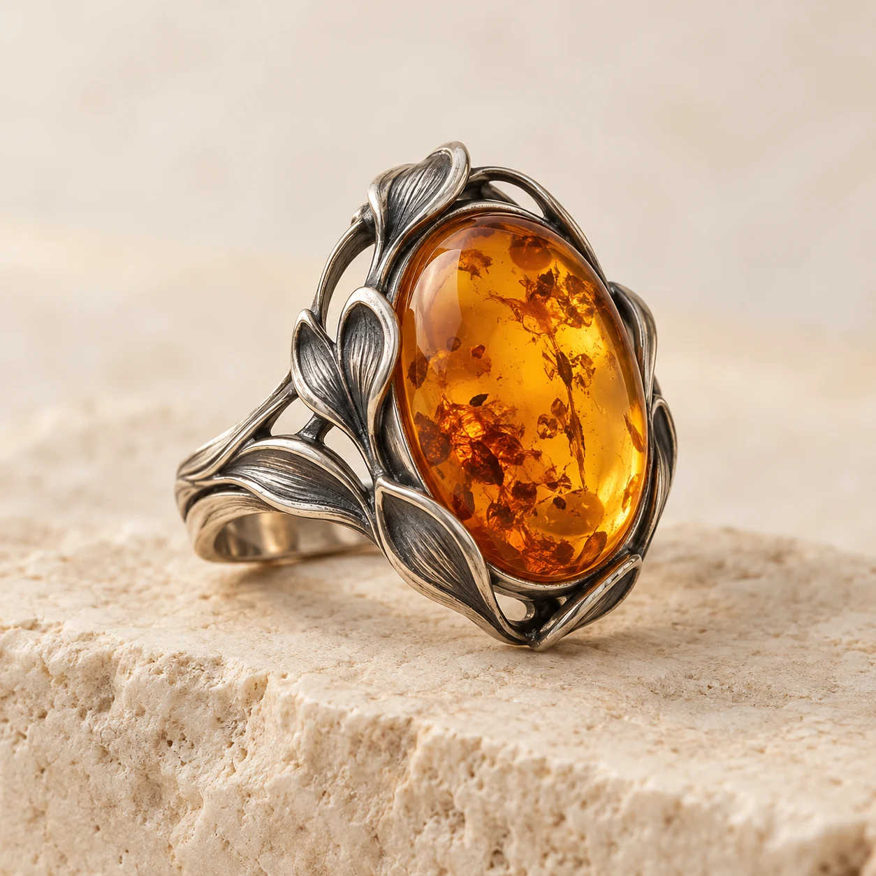 Solstice Petal: deep-honey oval amber ring with sculptural petals