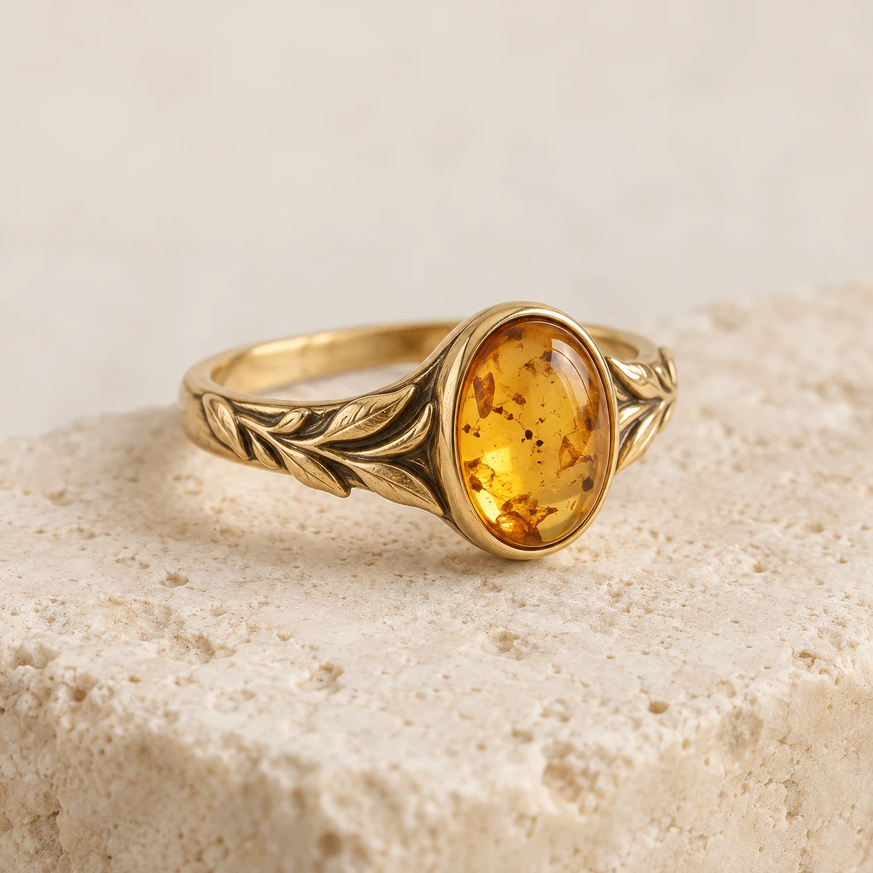 Willow Dew: light-honey oval amber ring with willow leaves